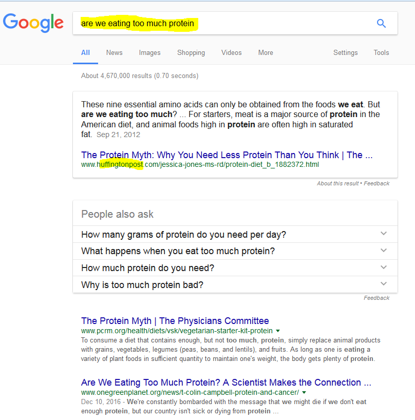  End. FIGURE 115 Google search results for “are we eating too much protein” in which Google pulls a knowledge panel from Huffington Post, and the top site promotes veganism.