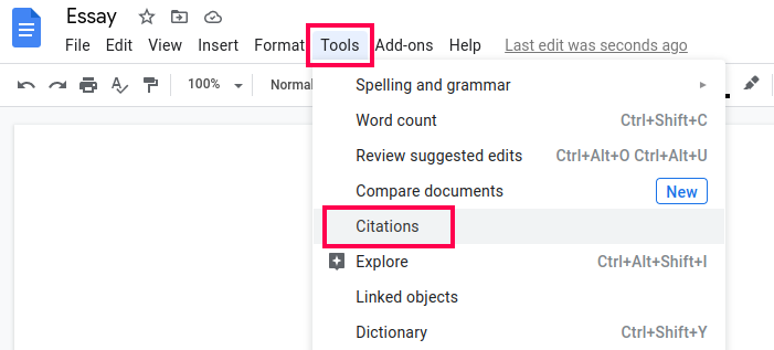 A screenshot of Google Docs toolbar showing the Tool menu, followed by the Citations option