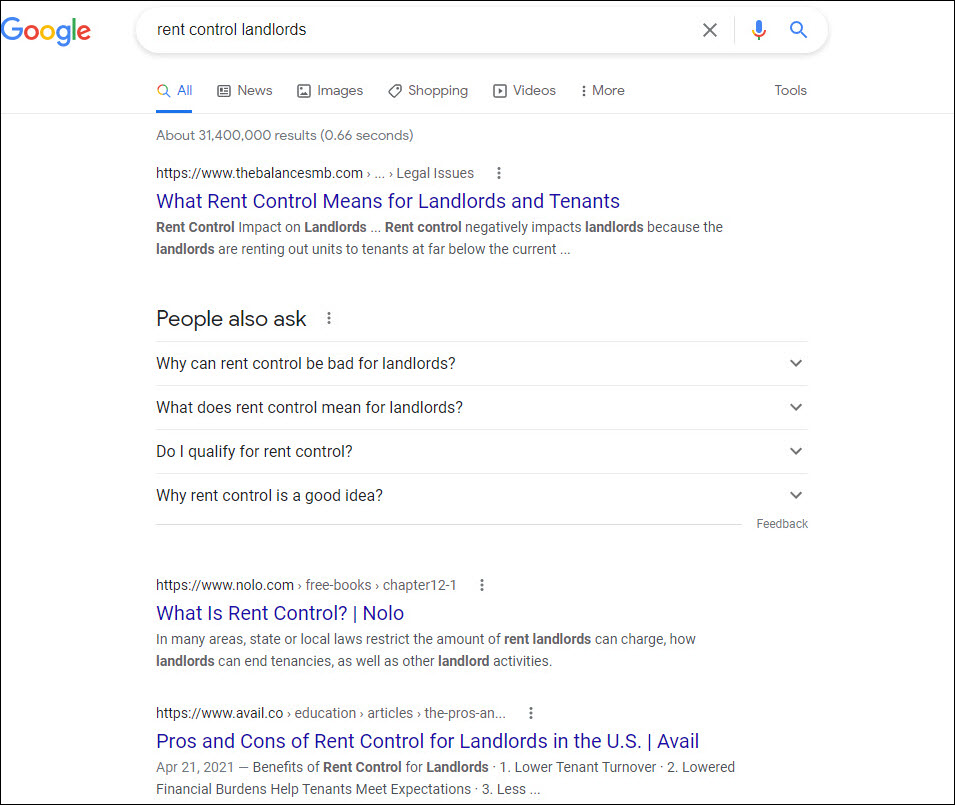 Google search results for rent control landlords