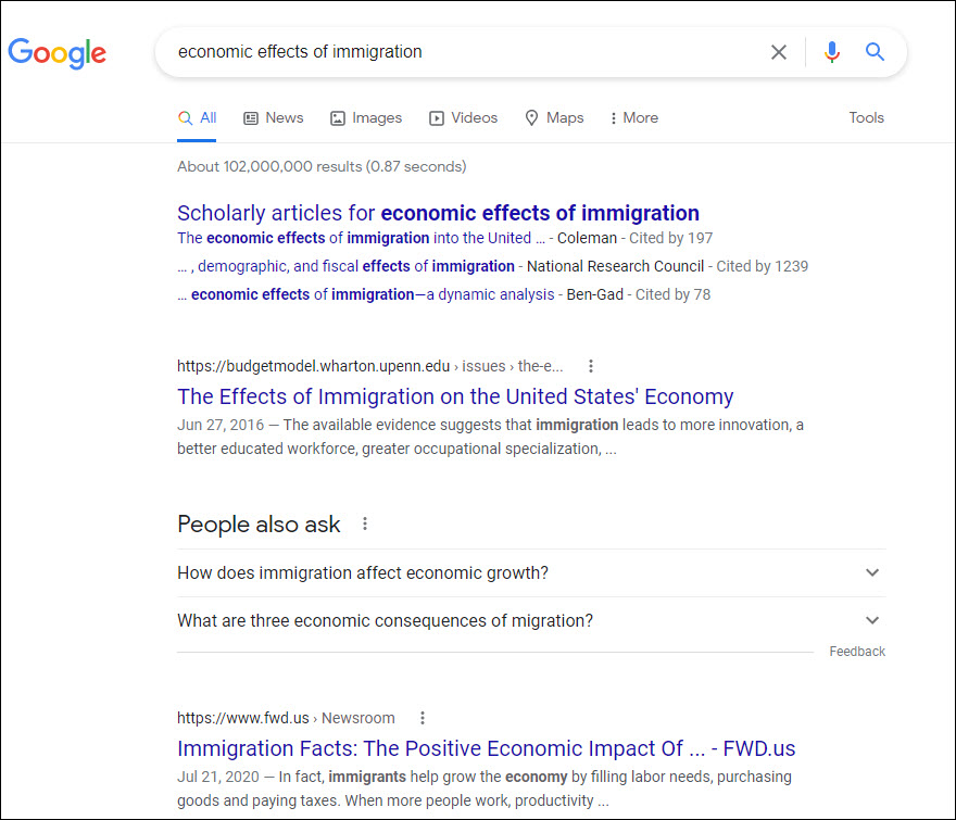 Google search results for economic effects of immigration