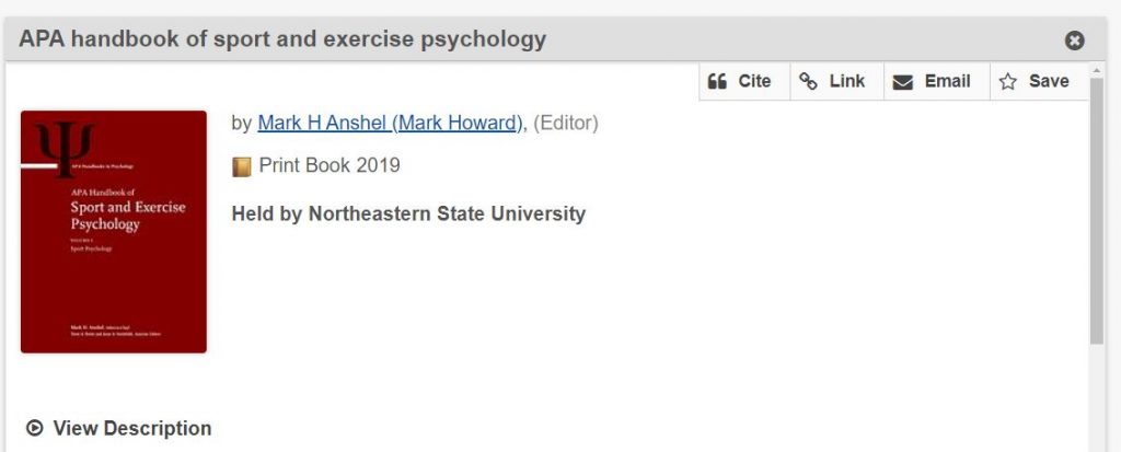 A screenshot of a the book APA Handbook of Sport and Exercise Psychology found in a library catalog