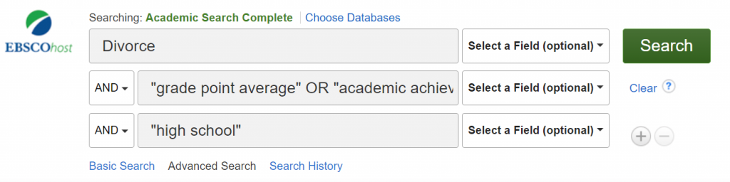 A screenshot of the search statement entered into EBSCO's advanced search using Boolean drop down boxes