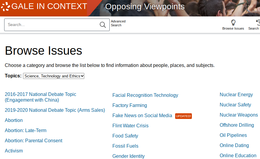 The Opposing Viewpoints &quot;Browse Issues&quot; page has links to topics of social debate like Fake News and Offshore Drilling