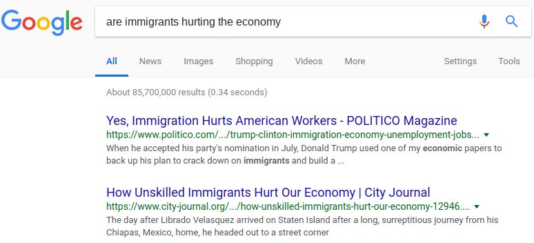 Google search for "are immigrants hurting the economy" shows results titled "Yes, Immigration Hurts American Workers" and "How Unskilled Immigrants Hurt Our Economy"