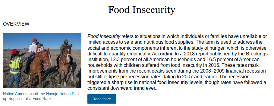 A topic page on food insecurity in the Opposing Viewpoints database shows an &quot;overview&quot; section with a link to read more