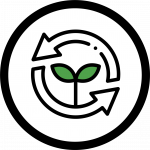 Icon showing recycle/reuse logo and a green sprout