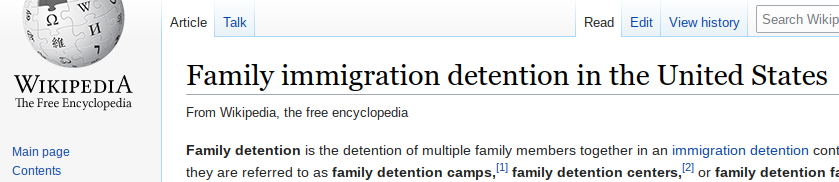 Wikipedia entry for "Family immigration detention in the United States: