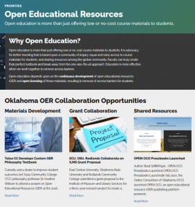 Screen capture of OCO website OER webpage highlighting why open education and news from institutions