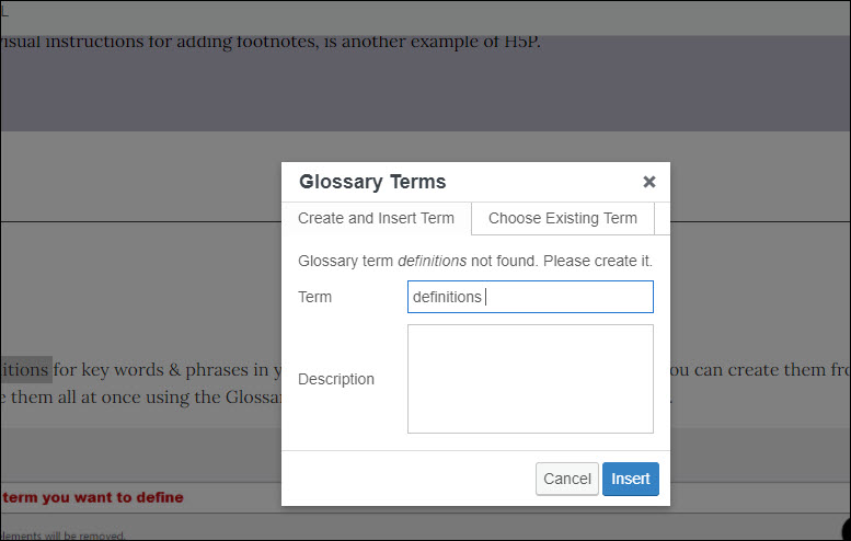 Screen capture showing how to add a glossary term from within the chapter.