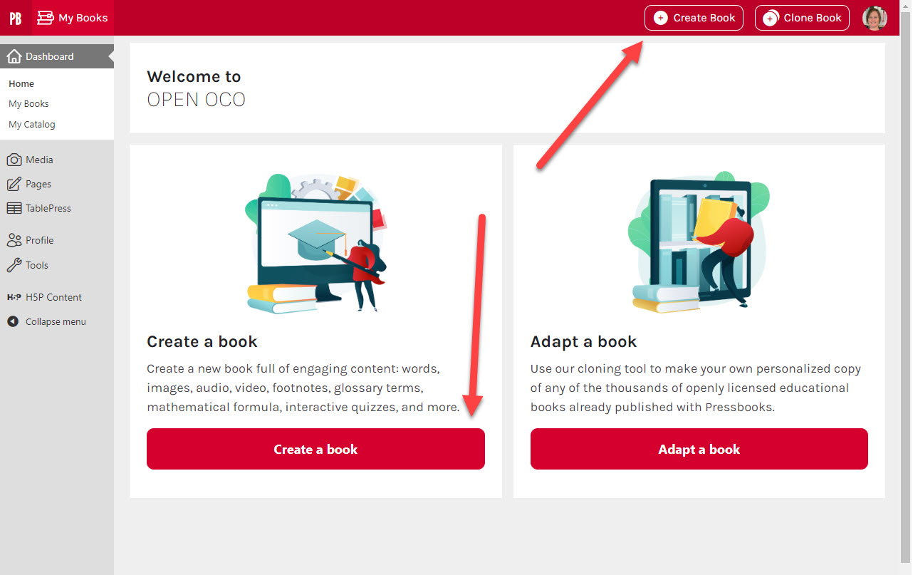 Screen shot with arrows pointing to the Create a Book button.