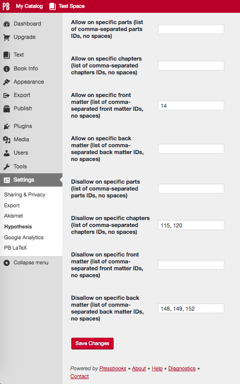 A screen capture showing Hypothesis settings for activating it only in certain chapters, parts, or sections.