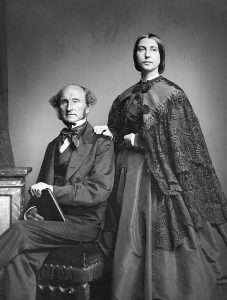 A black and white photograph of the philosopher John Stuart Mill and Helen Taylor, daughter of Harriet Taylor.