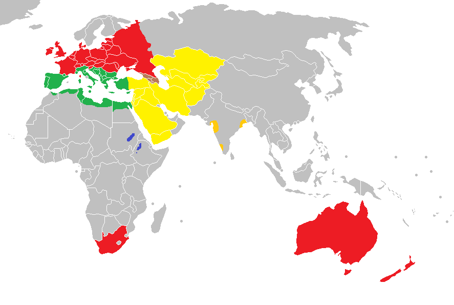 A map showing approximate geographic correspondence to Jewish ethnic divisions.