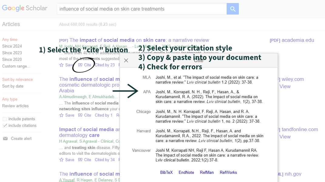 select citation style, copy and paste, check for errors