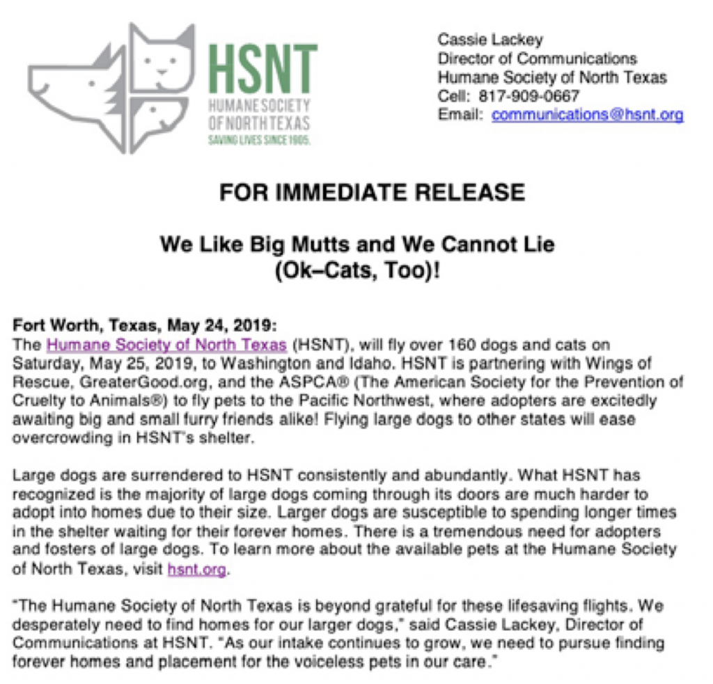 Figure 3. “We Like Big Mutts and We Cannot Lie (Ok-Cats, Too)!” press release was found by following the “Newsroom” link from hsnt.org. The release discusses a partnership with several organizations that will allow them to fly larger dogs to other states to be adopted, thus increasing rates of adoption. Source: The Human Society of North Texas