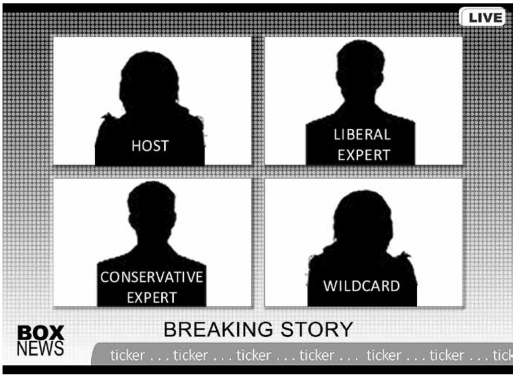 Figure 2. This mock up of a typical news show created by Colin Charlton offers a visual of the attempt to offer many “sides” of an argument.
