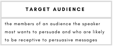Target Audience– the members of an audience the speaker most wants to persuade and who are likely to be receptive to persuasive messages.