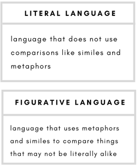 Literal Language– language that does not use comparisons like similes and metaphors.    Figurative Language– language that uses metaphors and similes to compare things that may not be literally alike.