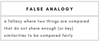 False Analogy– a fallacy where two things are compared that do not share enough (or key) similarities to be compared fairly.