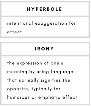 Hyperbole– intentional exaggeration for effect.    Irony– the expression of one’s meaning by using language that normally signifies the opposite, typically for humorous or emphatic effect.