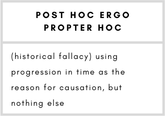 Post hoc ergo propter hoc (historical fallacy)– using progression in time as the reason for causation, but nothing else.