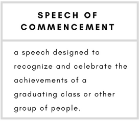 Speech of Commencement– a speech designed to recognize and celebrate the achievements of a graduating class or other group of people.