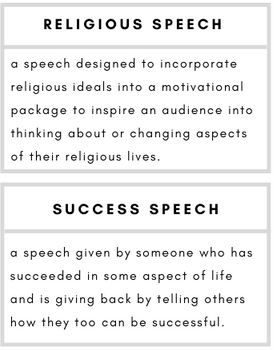 Religious Speech– a speech designed to incorporate religious ideals into a motivational package to inspire an audience into thinking about or changing aspects of their religious lives.    Success Speech– a speech given by someone who has succeeded in some aspect of life and is giving back by telling others how they too can be successful.
