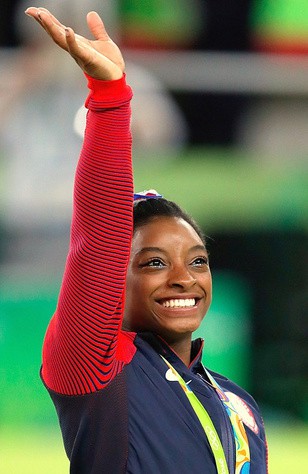Simone Biles at the 2016 Olympics all-around gold medal podium
