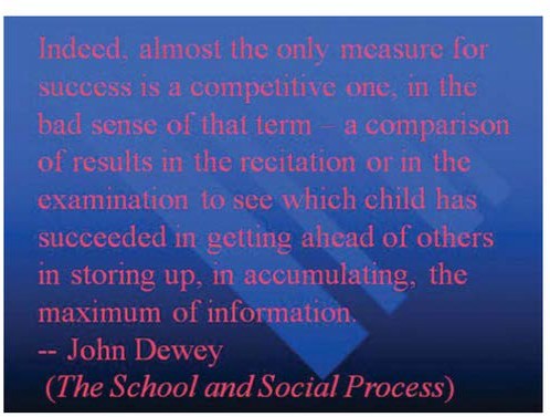 Figure 9.23 - Sample Slide for Critique"Indeed, almost the only measure for success is a competitive one, in the bad sense of that term - a comparison of results in the recitation or in the examination to see which child has succeeded in getting ahead of others in storing up, in accumulating, the maximum of information - John Dewey (The School of Social Process)
