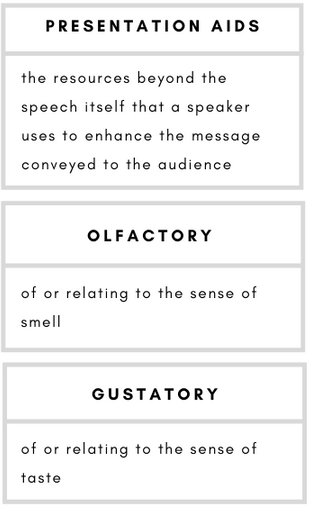 Presentation Aids– the resources beyond the speech itself that a speaker uses to enhance the message conveyed to the audience.    Olfactory– of or relating to the sense of smell.    Gustatory– of or relating to the sense of taste.