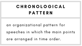 Chronological pattern– an organizational pattern for speeches in which the main points are arranged in time order.