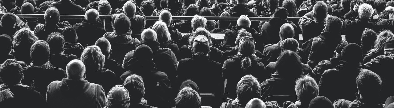 black and white overhead image of behind an audience looking at something our of frame