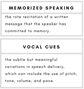 Memorized Speaking– the rote recitation of a written message that the speaker has committed to memory.    Vocal Cues– the subtle but meaningful variations in speech delivery, which can include the use of pitch, tone, volume, and pace.