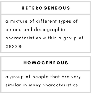 Heterogeneous– a mixture of different types of people and demographic characteristics within a group of people.    Homogeneous– a group of people that are very similar in many characteristics.