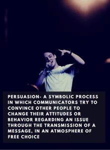 image of a man holding a microphone overlaid with the text: PERSUASION - A SYMBOLIC PROCESS IN WHICH COMMUNICATORS TRY TO CONVINCE OTHER PEOPLE TO CHANGE THEIR ATTITUDES OR BEHAVIOR REGARDING AN ISSUE THROUGH THE TRANSMISSION OF A MESSAGE, IN AN ATMOSPHERE OF FREE CHOICE.