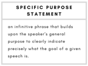 an infinitive phrase that builds upon the speaker's general purpose to clearly indicate precisely what the goal of a given speech it