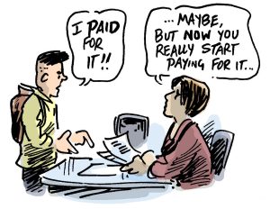 Cartoon of a student and an instructor discussing a paper.