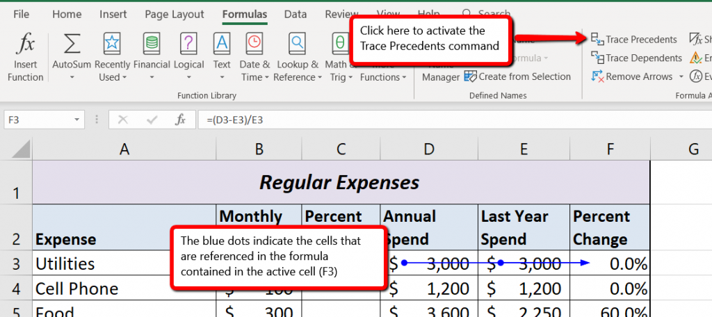Formula tab open to activate Trace Precedents and two blue dots on an arrow point out cells referenced in formula of activated cell.