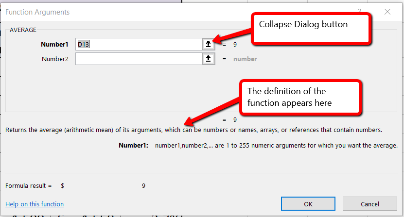 Function Arguments dialog box open to Average function, with function definition, and Collapse Dialog button.
