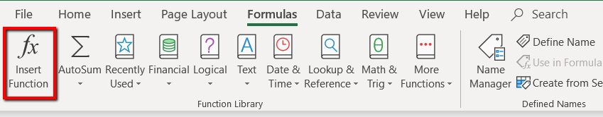 Formulas Ribbon with box around the Insert Function button