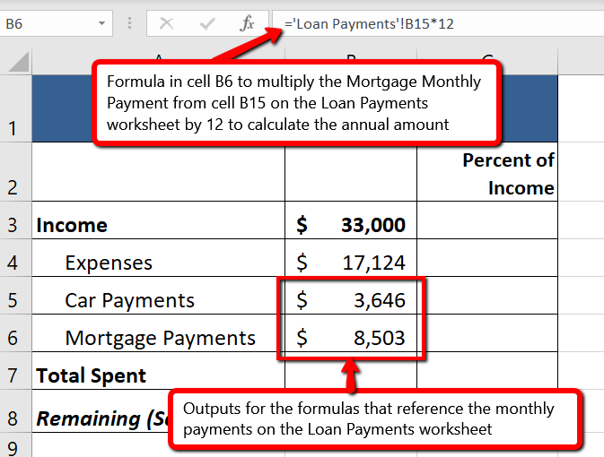 Formula "='Loan Payments'!B15*12" indicates that B15 reference is from Loan Payments worksheet. Outputs for formulas that reference cells in Loan Payments ($3,646 and $8,503) appear in cells B5 and B6 respectively.