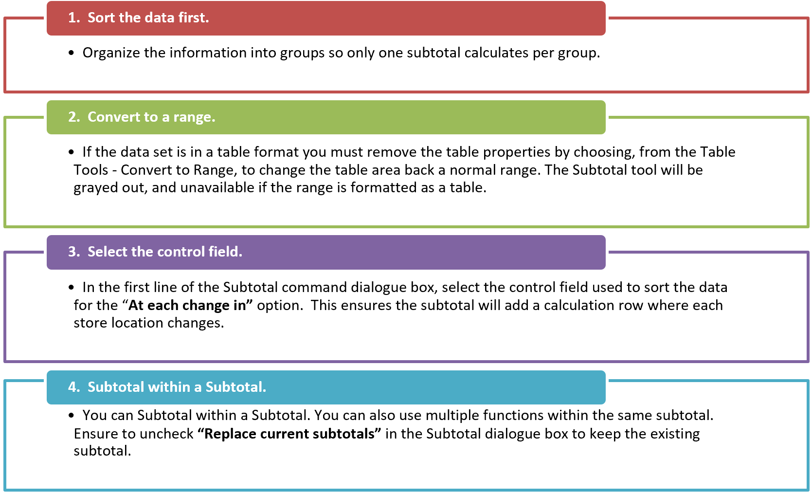 Screenshot of four Subtotal Rules