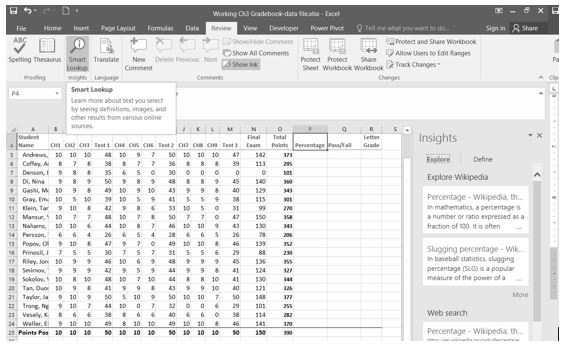 Smart Lookup tool in Review tab shows Insights with Wikipedia definitions for Percentage and Slugging Percentage. 