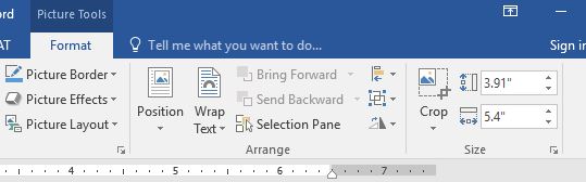 Format tab to Size group options with Shape Width field selected and 5.4&quot; entered. Height is 3.92&quot;