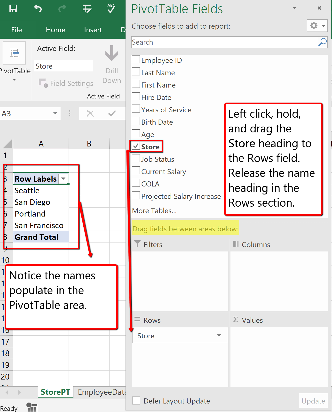Screenshot of the PivotTable Row Selection