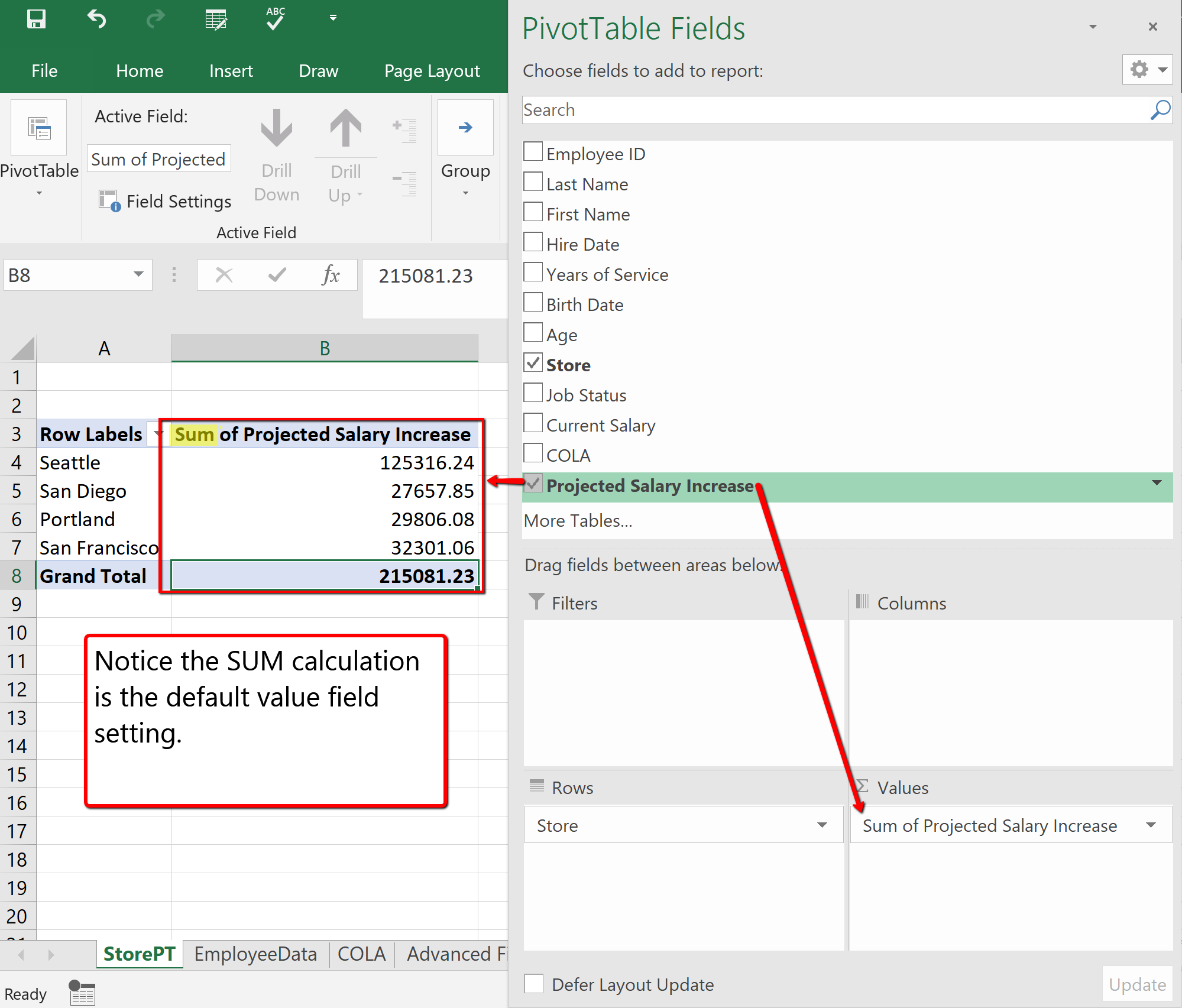 Screenshot of the PivotTable Value selection