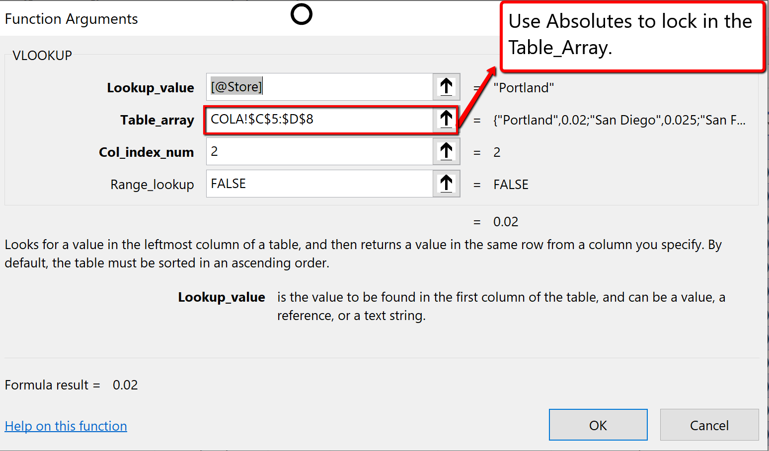 Screenshot of the VLOOKUP function argument dialogue box