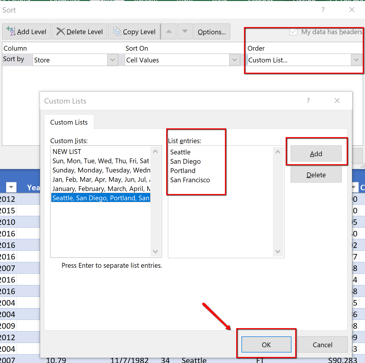 Screenshot shows the custom sort, custom list dialogue box