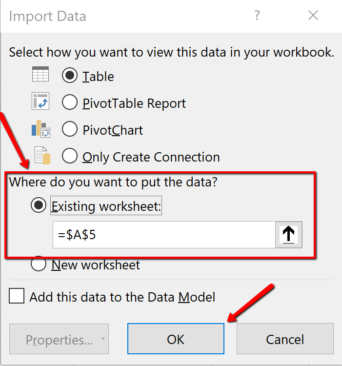 Screenshot of the Import Data dialogue box