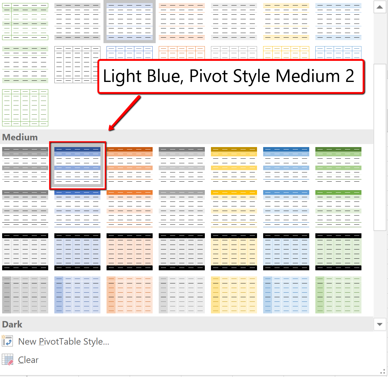 Screenshot of the PivotTable Styles Gallery